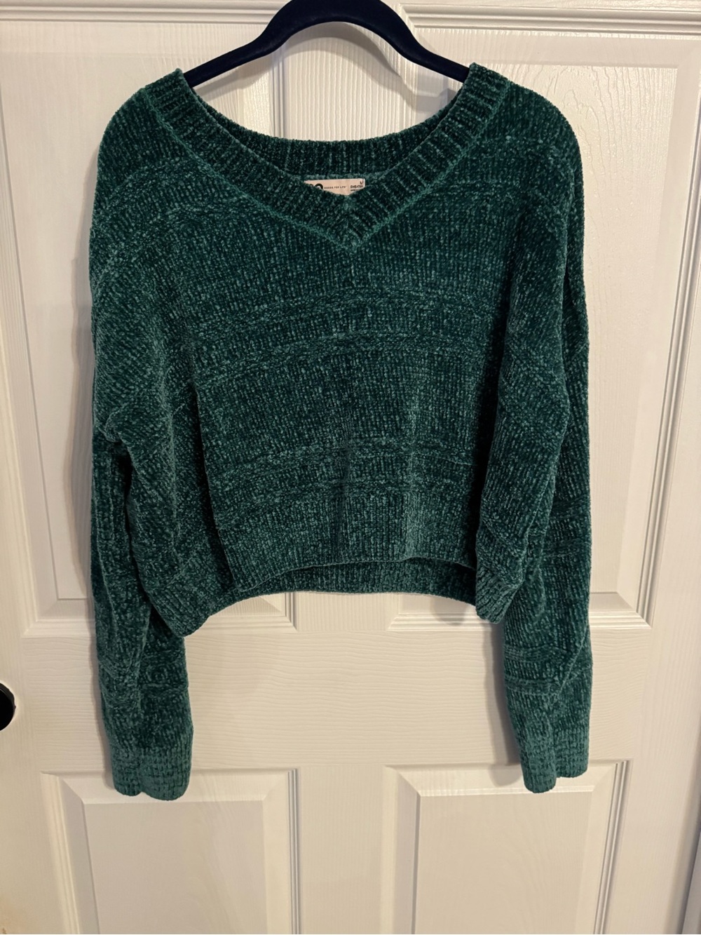 SO Teal Chenille V-Neck Cropped Sweater